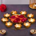 Handcrafted Golden Metal Diya Holder with Center Bowl | 9 Wick Tealight Stand for Diwali Decoration, Pooja Room & Festival Lighting | Traditional Indian Decor Item