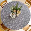 Round Vinyl Fitted Tablecloth, Fits 36" Round Tables,Waterproof No-Wash Wipeable Easy Clean,Flannel Backed Elastic Edge,Gray Leaf Print Cover for Dining,Kitchen,Indoor Outdoor Use