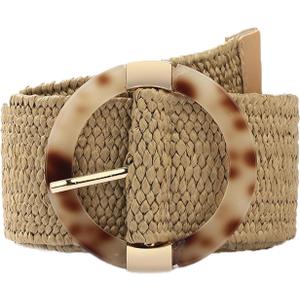 eYLun Women Straw Woven Belt Elastic Braided Stretch Waist Belt Ladies Boho Buckle Dress Buckle Belt (Khaki)