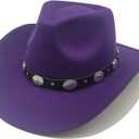 Classic Western Cowboy Hat Cowgirl Hat Unisex Men's & Women's Wide Brim Felt Fedora Hat Flat Top with Buckle Belt (7 1/4-7 1/2, Purple)