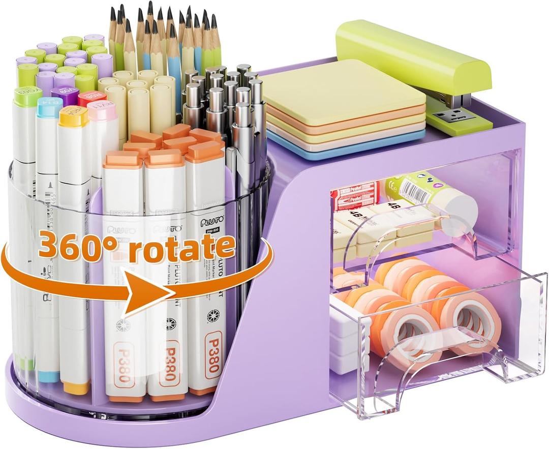Marbrasse Desk Organizer with 2 Drawer, 360Rotating Pen Holder, Desk Organizers and Accessories with 6 Slots Pencil Holder + 2 Drawer, Art Supply Storage Box Caddy for Office (Purple)