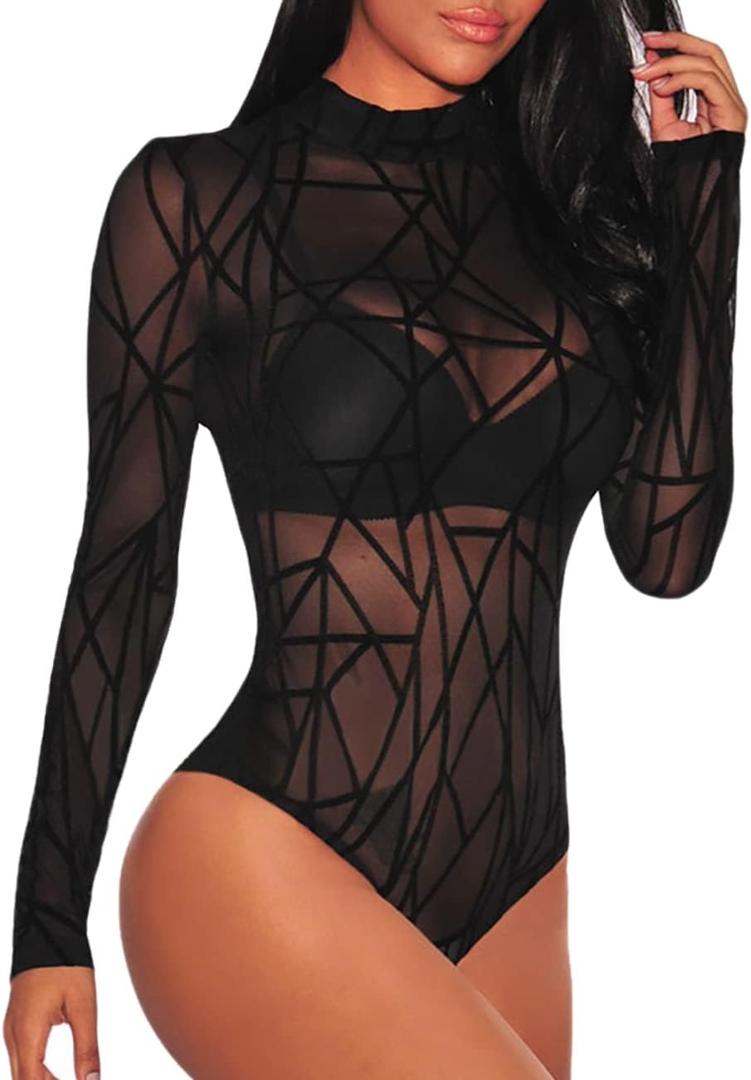 Lrady Women's Sheer Mesh Turtleneck Neck See Through Leotard Bodysuit Body Tops (XX-Large, Black-2)
