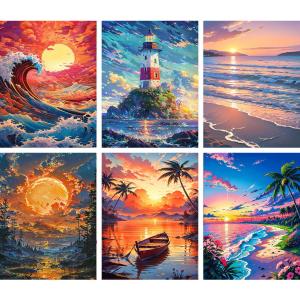 MXCFZX Sunset Beach Paint by Numbers kit for Adults Lighthouse on sea Beginner on Advanced Canvas Adult Paint by Number Kits,Easy Landscape Acrylic Paint Boat On Lake Crafts for Home Decor 10x14in