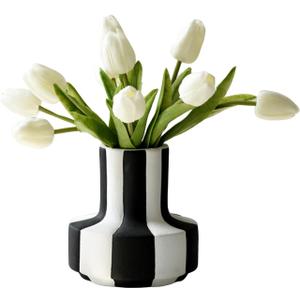 Modern Nordic Black and White Striped Ceramic Vase Rough-Textured Minimalist Tabletop Decor for Living Room, Bedroom, Office Unique Centerpiece for Wedding or Housewarming Gift