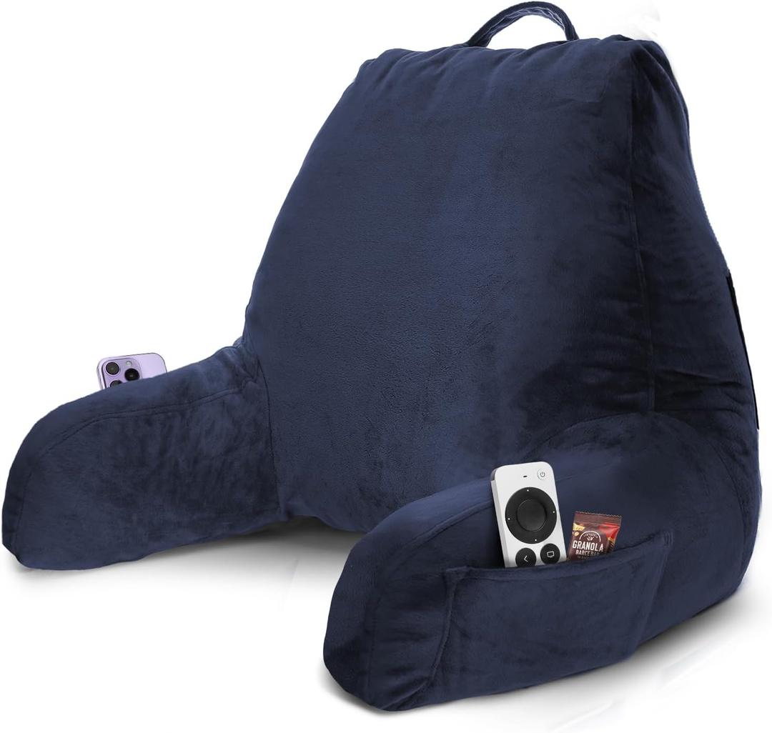 Nestl Reading Pillow with Shredded Memory Foam, Designed for Sitting Up in Bed and Couch, Back and Arms Adjustable Support for Adult & Teens Backrest Pillows for Reading, with Washable Cover Navy Blue, Standard 18"