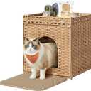 Feandrea Cat Litter Box Enclosure, Handwoven Rattan Hidden Litter Box Furniture with Extra Mat, Removable Washable Tray, Boho Cat House, End Table, Goose Yellow UPCL024YE01