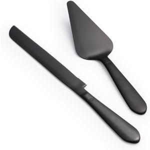 Wedding Cake Knife and Server Set, Integral Stainless Steel Longer Cake Cutter and Wider Pie Spatula, Elegant Cake Cutting Serving Set for Party Birthday Christmas Bridal Shower Set of 2, Matte Black