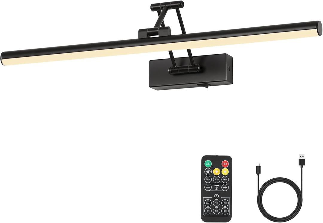 Joossnwell Battery Operated Picture Lights with Remote Wireless Art Lighting for Wall 23.62 Inch Rechargeable Painting Light Black Frame Light Dimmable 3CCT Gallery Light for Library Portrait