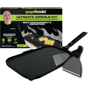 Guga Foods Ultimate Griddle Kit Set- Transform Any Grill or Stove, Includes Cast Iron Griddle with Detachable Handle, Stainless Steel Angled & Straight Edge Spatulas, For Cooking Indoor Or Outdoor
