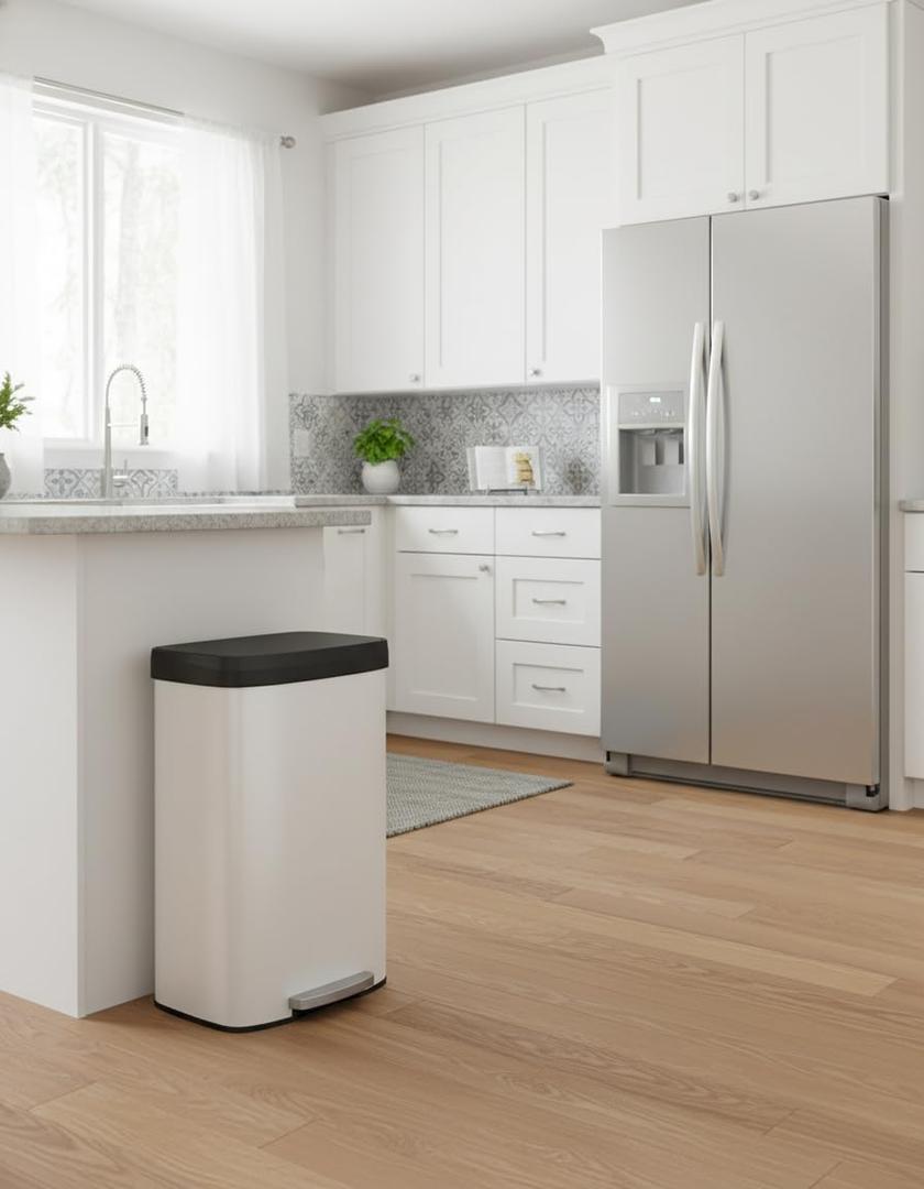 Garvee 21 gal / 80 L Metal Trash Can with Lid, Large Garbage Can for Kitchen, Rustproof Step-on Kitchen Metal Trash Bin with Liner Rim, Rear Handle, Soft Close Plastic Lid, Matte White