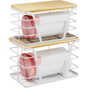 2 Pack Stackable Storage Pantry Organizers and Storage, Wall Mount Trash Bag Holder with Bamboo Top and Garbage Bag Dispenser No Drill, White (Large&Small)