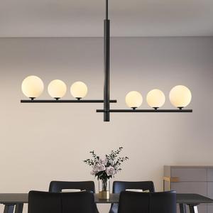 6-Light Black Pendant Light Modern Sputnik Chandelier for Dining Room Mid Century Globe Chandelier with Milk Glass Shade Sputnik Ceiling Light Fixture for Entryway Kitchen Island Foyer Bedroom