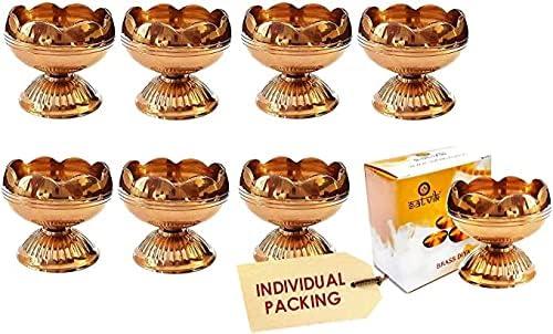 SATVIK Brass Diya Set of 8 | Traditional Oil Lamp for Hindu Puja, Pooja Room, Mandir & Temple | Handmade Virgin Brass for Daily Prayer, Dia Vilakku, Spiritual Home Decor & Housewarming Gifts
