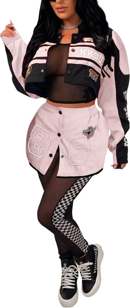 Women Varsity Jacket Detachable Skirt Set 2 Piece Motorcycle Biker Race Car Driver Costume Bomber Streetwear Pink, Size XL