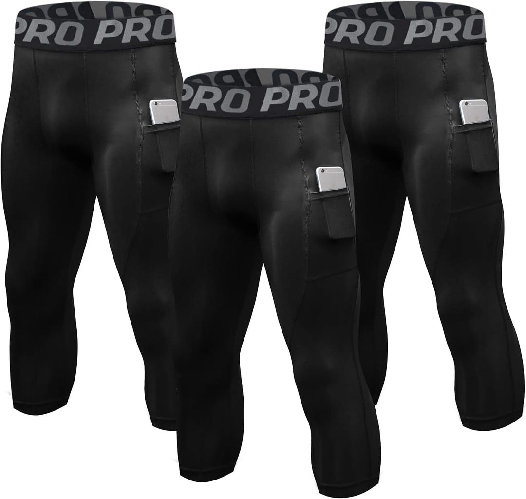 LANDUNSI 3 Pack Mens 3/4 Compression Pants Basketball Running Tights with Pockets Athletic Leggings for Sports Baselayer (Medium, 3 Pack:black*3)