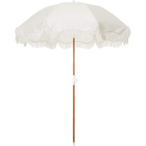 Business & Pleasure Co. Holiday Umbrella - Boho Beach Umbrella with White Fringe, UPF 50+, 1" Tilting Wood Pole, 5 x 6.5, Antique White