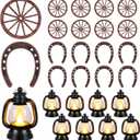 24 Pcs Western Themed Party Decorations Cowboy Table Centerpieces Lucky Horseshoe Mini Lantern Wooden Wagon Wheel Decor for Crafts Western Cowboy Party Birthday Wedding Favors Supplies