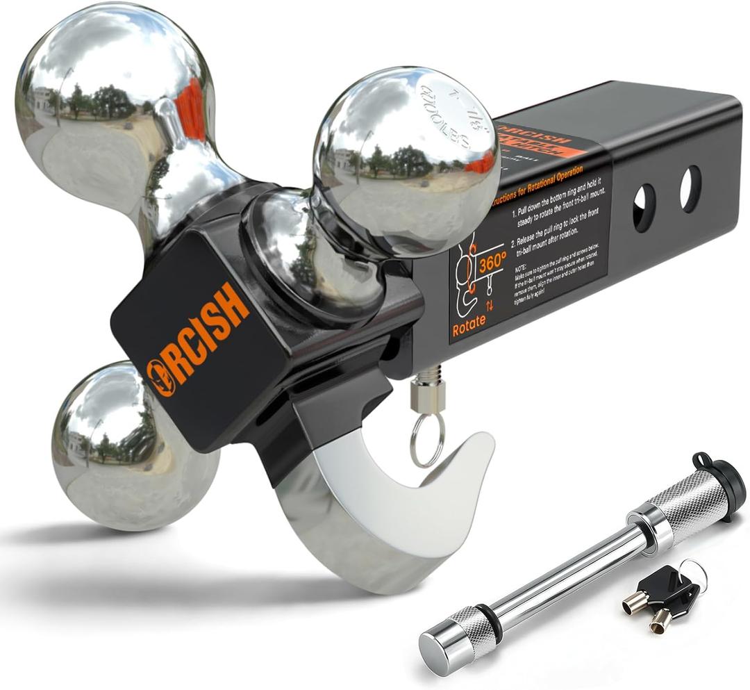 ORCISH 360 Swivel Trailer Hitch, Tri-Ball Mount with Heavy Duty Hook & Anti-Theft Lock, Chrome-Plated Trailer Ball Size 1-7/8", 2" and 2-5/16", Fit 2 Inch Hitch Receiver, Rotating Tow Hitch (Rotatable)