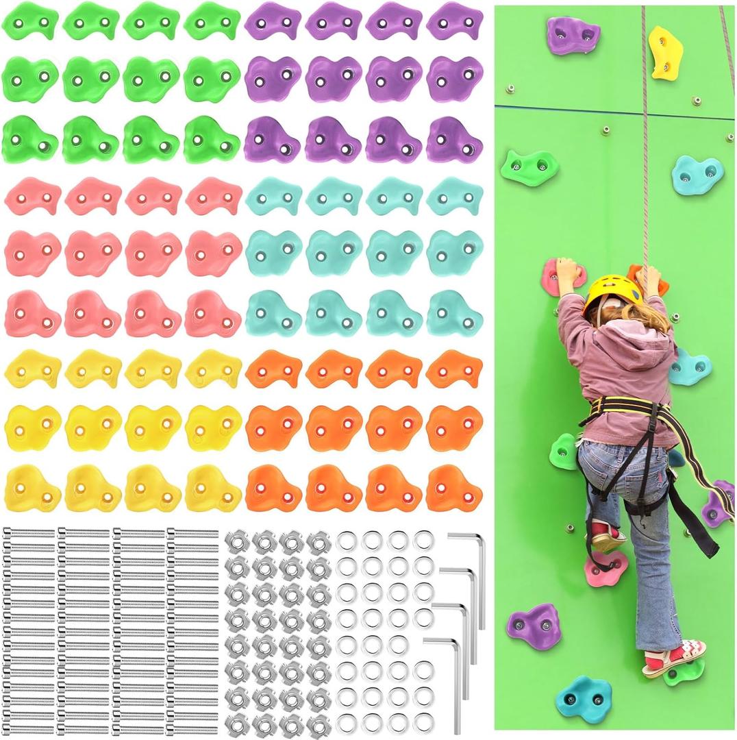 Meooeck 72 Pcs Kids Rock Wall Climbing Holds Set Colorful Grips with Mounting Screws and Hardware for DIY Indoor Outdoor Backyard Playground Play Set Back to School Birthday Gift(Pastel Color)
