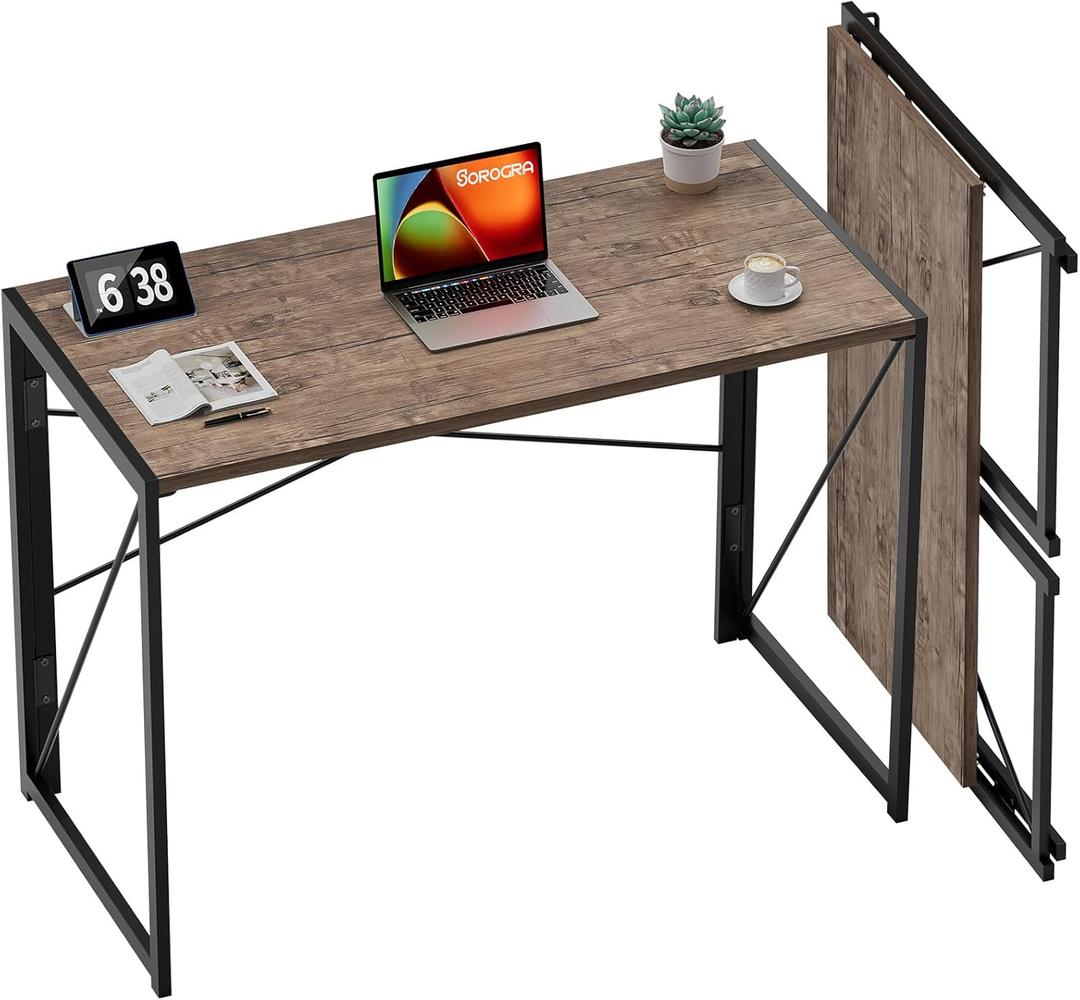 Coavas Folding Desk No Assembly Required, 39.4 inch Writing Computer Desk Space Saving Foldable Table Simple Home Office Desk,Brown