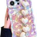 for iPhone 14 Pro Case, [Sparkling Purple Flower Oil Painting] [with Luxury Heart Bracelet] [Fashionable Wave Edge Shape] Soft TPU Drop and Shock Resistant for Women and Girls 6.1"