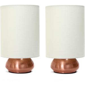 Simple Designs LT2016-CRM-2PK 9" Gemini 2 Pk Contemporary 4 Settings Touch Metal Mini Round Table Lamp Set w Fabric Shades for Dcor,Nightstand,End Table,Bedroom,Living Room,Office,Foyer, RGD & WHT (Rose Gold Base with Cream Shades)