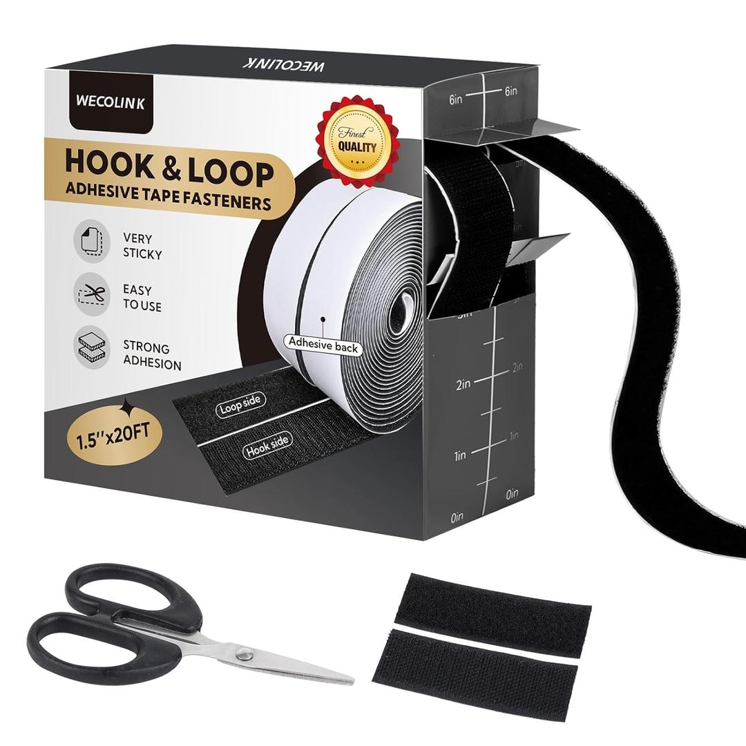 2 x 20Ft x 1.5 Inch Hook and Loop Tape Strips with Adhesive, Heavy Duty Sticky Back Nylon Strips for Home, Office, School, Crafting & DIY Projects, Double Sided Strips - Adhesive Fastening Tape