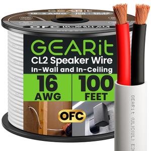 GearIT 16/2 Speaker Wire (100 Feet) 16AWG Gauge - in Wall Audio Speaker Wire Cable / CL2 Rated / 2 Conductors - OFC Oxygen-Free Copper, White 100ft