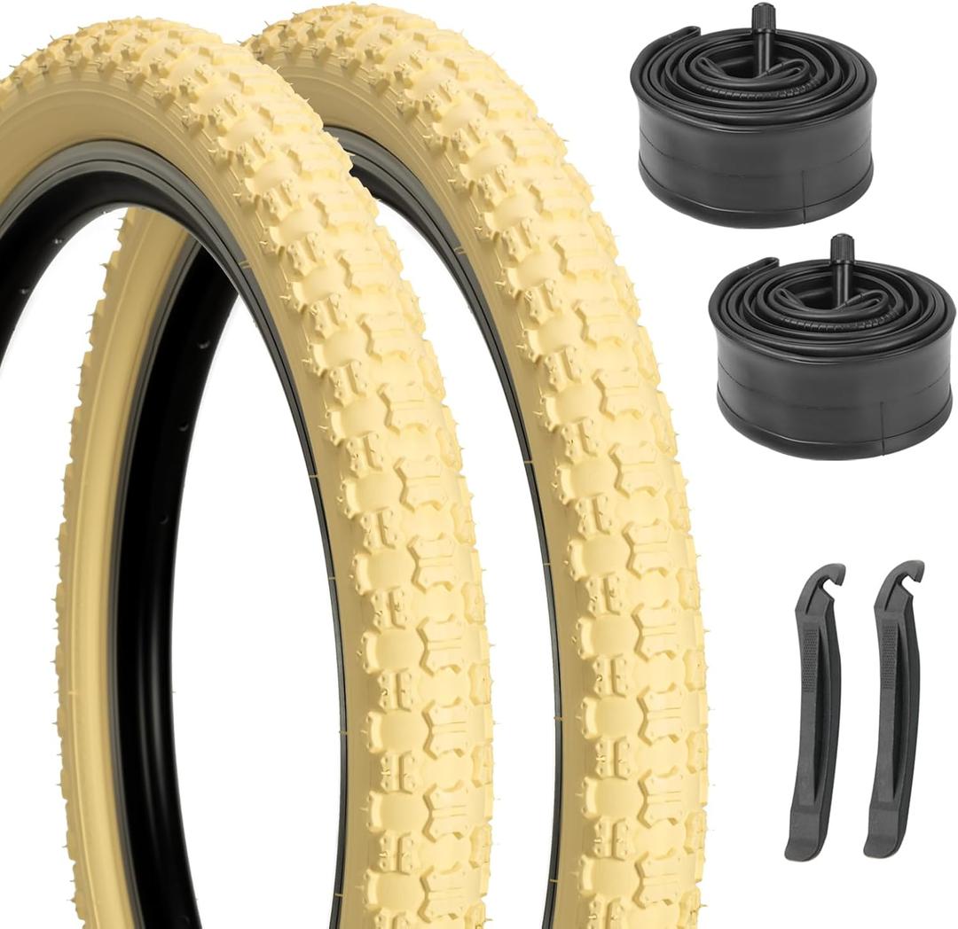 2-Pack Kids Bike Tires Set: Hycline 16x2.125 Inch (57-305 mm) Folding Replacement Puncture-Resistant Bicycle Tires and16-inch Inner Tubes with Tire Levers for BMX, MTB or Kids Children Racing-Cream