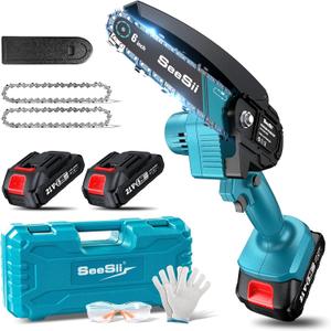 Seesii Mini Chainsaw Cordless 6-inch, Handheld Electric Power Chain Saw with 2 Batteries, for Tree Trimming Wood Cutting, Best Gifts for Dad, Husband (6-inch-two battery, Sky Blue)