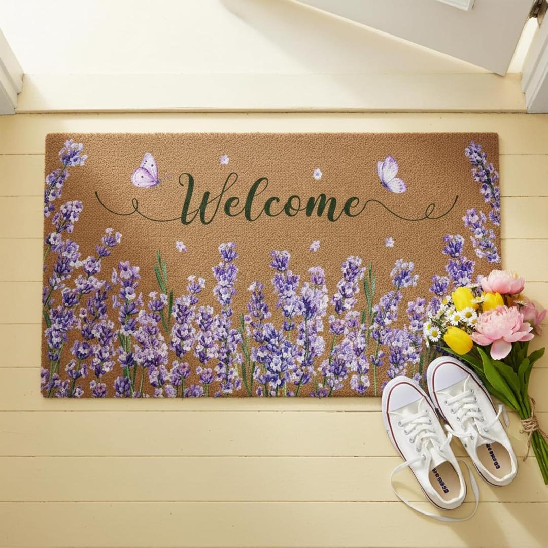 Spring Floral Doormat Coir Welcome Door Mat Lavender Indoor Outdoor Decoration Purple Flower Entrance Doormat Non Slip Door Rugs for Spring Easter Front Easy Clean Entryway 29.5 x 17.7 Inch