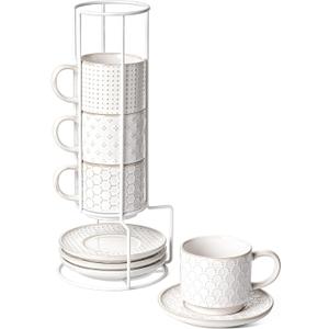 LE TAUCI Stackable Cappuccino Cups 8 oz with Saucers and Stand, Ceramic Large Latte Cup for Au Lait, Cafe, Mocha,Tea, Dishwasher Oven Safe - Set of 4, Arctic white