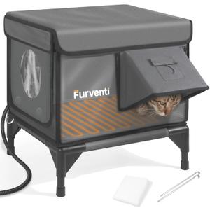 Heated Cat House for Outside,Dual Camera Mounts,100% Weatherproof & Extremely Insulated,Elevated Feral Cat Shelter with Escape Door,Waterproof Eaves for Outdoor Stray Barn Cat(Grey,S)