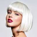 White Bob Wig With Bangs 12 Inch Short Bob wig for Women Short Bob Wigs Synthetic Fiber Bob Wigs and Halloween Cosplay Wig for Daily Life Colorful Wigs With One Cap (White)