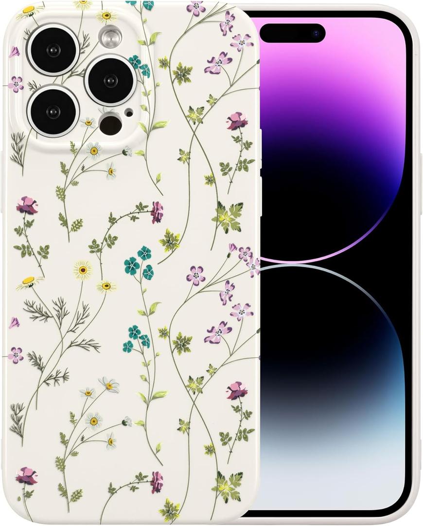 RALEAVO Floral Case for iPhone 15 Pro, Flower Branch Pattern Design Cute Cover Case for Girls Women Slim Thin Soft Silicone Shockproof Anti-Slip Phone Case for iPhone 15 Pro (6.1"),Beige