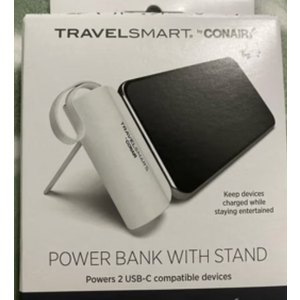 Travel Smart Phone Stand 5000mAh Power Bank: Built-In Cable, Charges 2 Devices Simultaneously