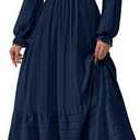 BTFBM Women Maxi Spring Dresses 2026 Long Sleeve Solid Color Square Neck Smocked Boho Long Wedding Guest Dress,Large