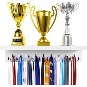 EVERMORE Medal Hanger Display and Trophy Shelf with Hooks - Wooden Medal Holder for Wall Mount Ribbon Display, Trophy Display Shelf for Gymnastics, Soccer, Running Race Medals Awards Rack