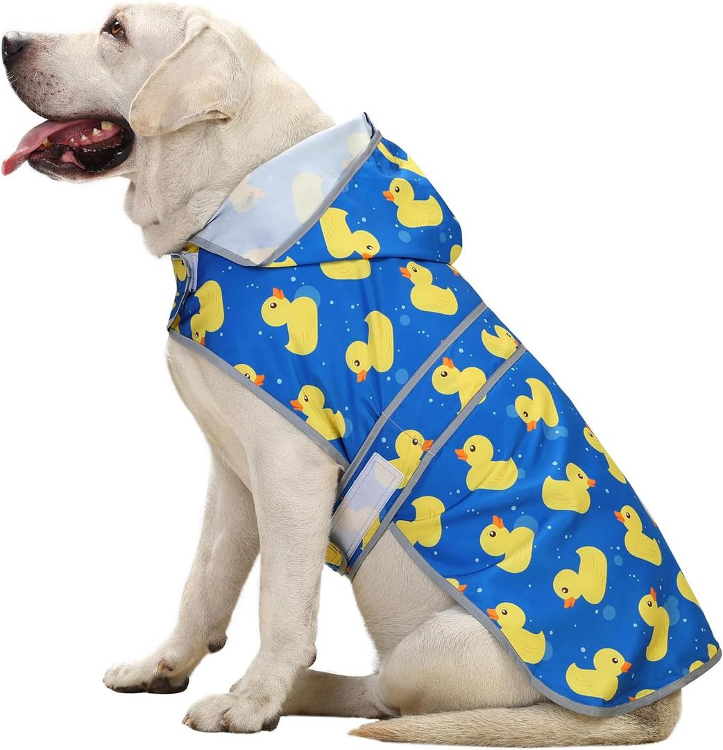 Dog Raincoat Hooded, Waterproof Rain Coat for Dogs with Adjustable Belly Strap, Reflective Strips, Lightweight Slicker Poncho Rain Jacket for Large Dogs (Blue Duck)