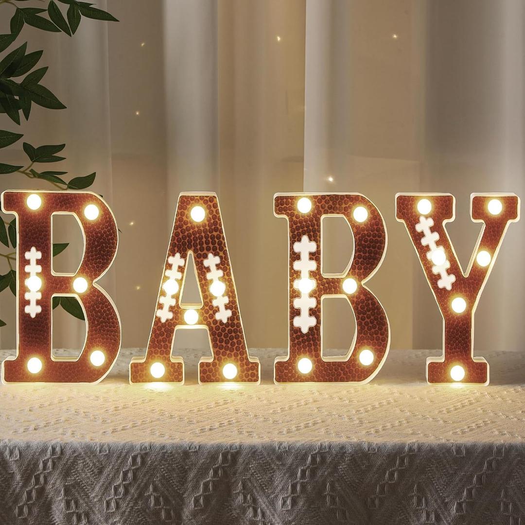 Realspring Baby Shower Sign Babe Marquee LED Letters Battery Operated Light up Centerpieces Glowing Home Table Party Decor for Boy Girl Gender Reveal Birthday, 8.26''(Football Baby, Brown)