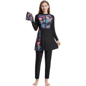 Muslim Swimsuits for Women Long Sleeve Built-in Bra Swimming Tops + Swimming Pants + Hijab Burkini Full Cover Swimwear (Black, XXL)