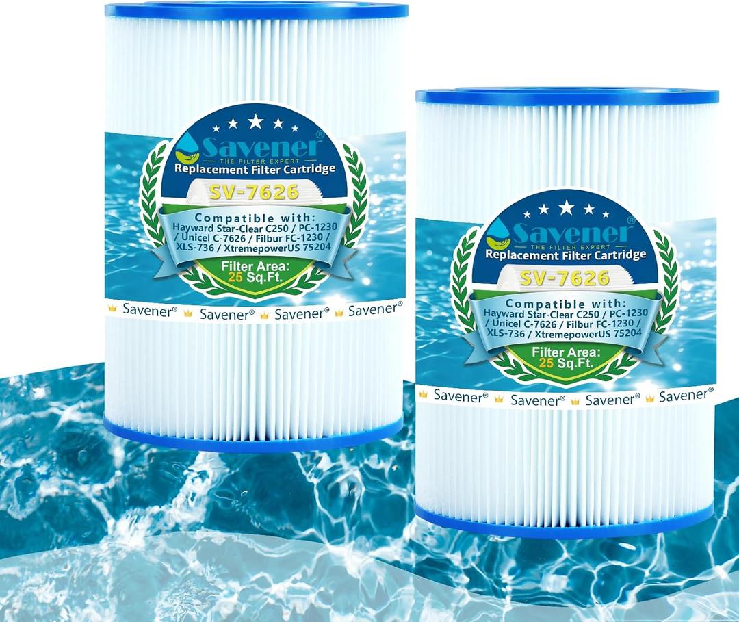 Savener C-7626 Hot Tub Spa Filter Cartridge, Replaces Hayward C250, Unicel C-7626, Filbur FC-1230, PA25-4, CX250RE, CX250-RE, HF7626-01, 25 Sq. Ft, 2 Pack