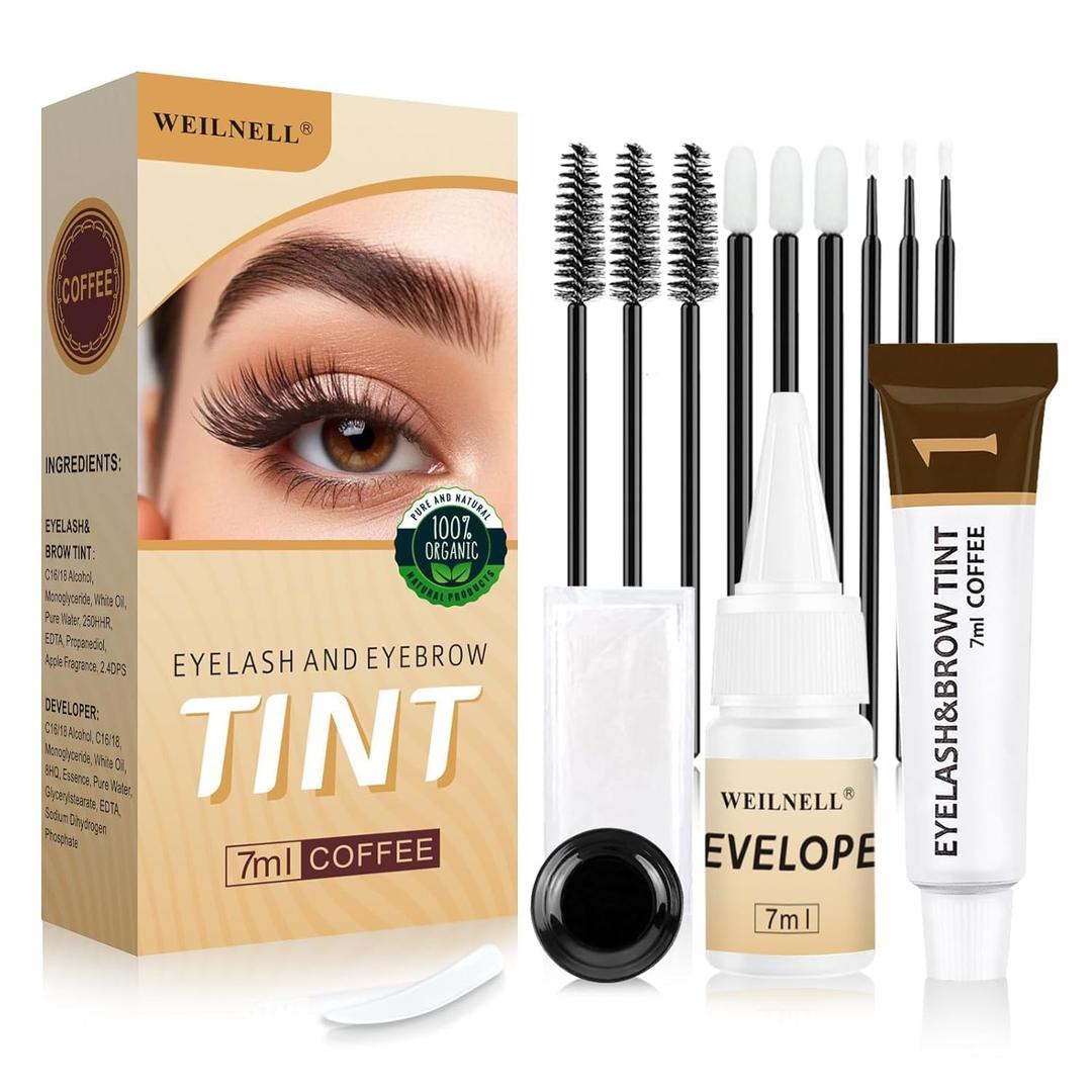 Eyelash & Eyebrow Color Kit, 2 in 1 Professional Lash & Brow Color Kit, Easy to Use with Natural Results, DIY Hair Coloring Eye Lash & Eye Brow Set for Beginner Salon Beauty 7ml (Coffee/Dark Brown)