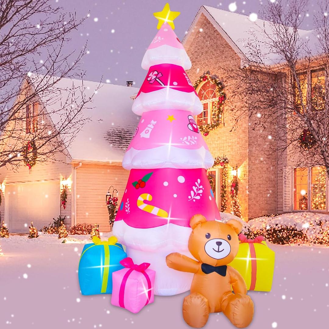 Spinosaurus 8 FT Christmas Inflatable Outdoor Decoration,Pink Inflatable Tree Blow Up Bear Christmas Decor for Xmas Party Yard,Garden Decor