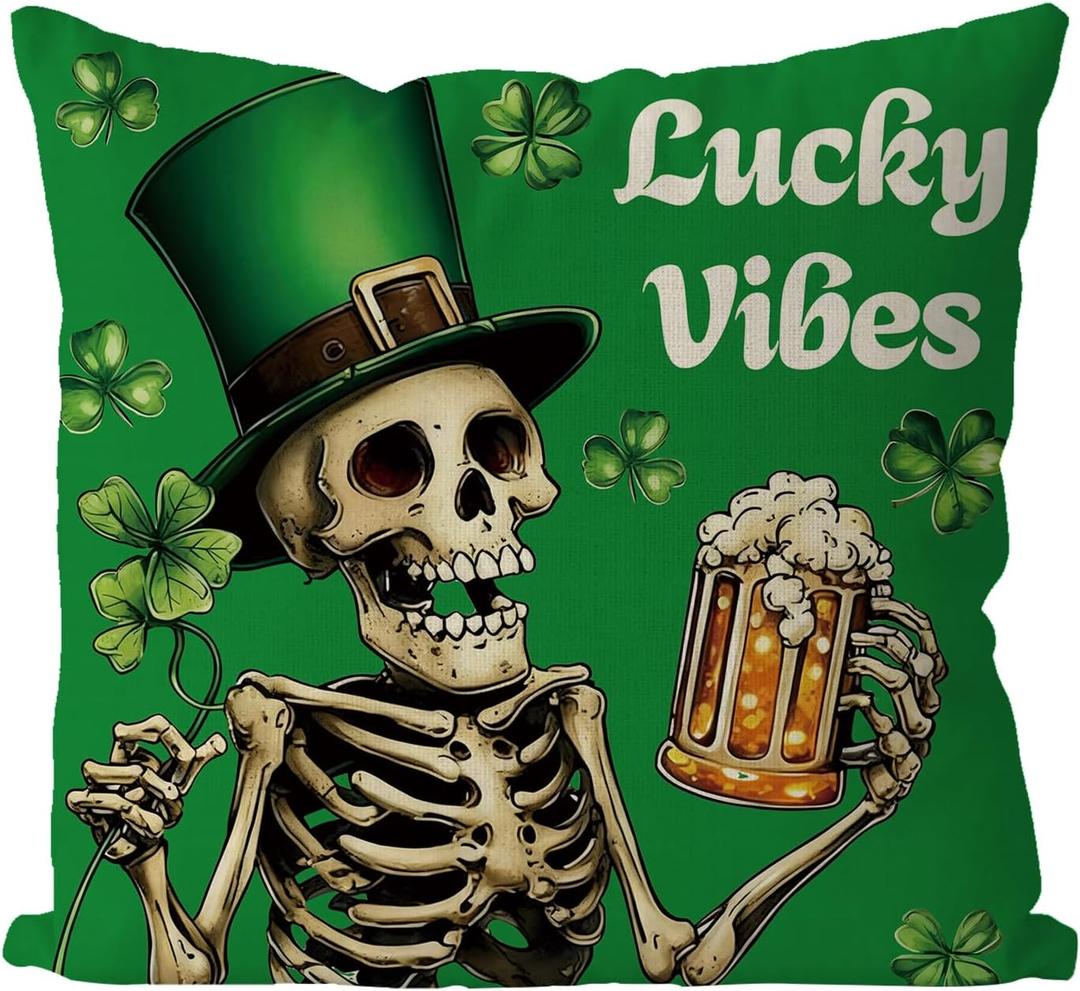 2 x GAGEC St Patricks Day Pillow Covers 18x18 Inch Skeleton Decor St Patricks Day Decorations Skeleton Pillow Covers Spooky Skull Throw Pillowcase Holiday Cushion Case for Home Sofa Couch Decor
