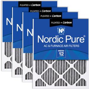 Nordic Pure 12x20x1 Pleated MERV 12 Plus Carbon Air Filters 4 Pack | Actual Size: 11 1/2 x 19 1/2 x 3/4 Made in USA, Advanced HVAC Furnace Filtration, Pet & Household Odor Control