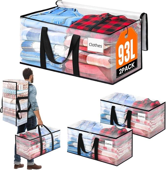 BlissTotes 2-Pack Large Moving Bags with Backpack Straps & Strong Zippers, Heavy-Duty Storage Bags Moving Boxes for Space Saving, Dorms, Transport, 93L-25 Gallons, Clear