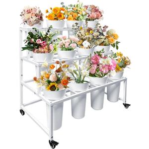 PROLEE Flower Stand with 12 Buckets, Flower Display Stand with Wheels, Flower Cart, Moving Florist Bouquet Shelf, Rectangular, White