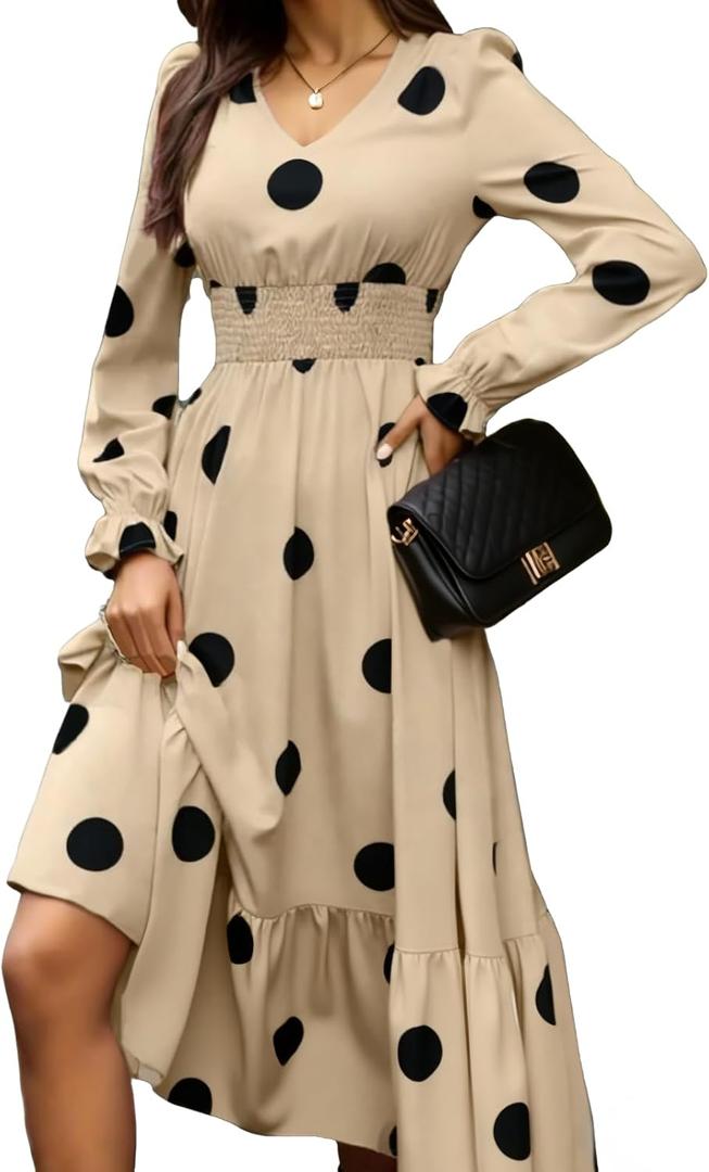 Women's Autumn Dress Long-Sleeved v-Neck Cinched Waist Elegant Large Polka Dot Long Dresses (Beige, S)