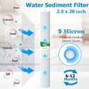 5 Micron Water Filter 20" x 2.5" Replacement Cartridge, 20-inch Sediment Pre-Filters for Whole House Water Filtration/Water Softener Systems, 6-Pack